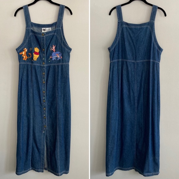 Disney Dresses & Skirts - Vintage Disney Winnie the Pooh Overall Denim Jumper Dress Size Small